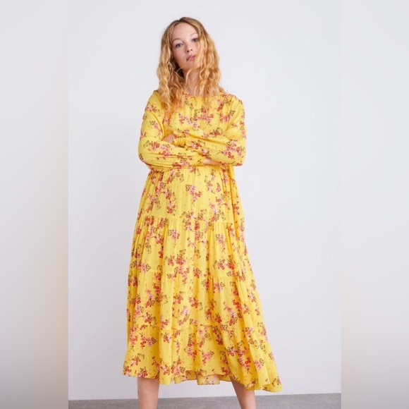 Zara | Floral Boho Yellow Tiered Midi Maxi Dress | Blogger Favorite | Size M - Picture 7 of 11